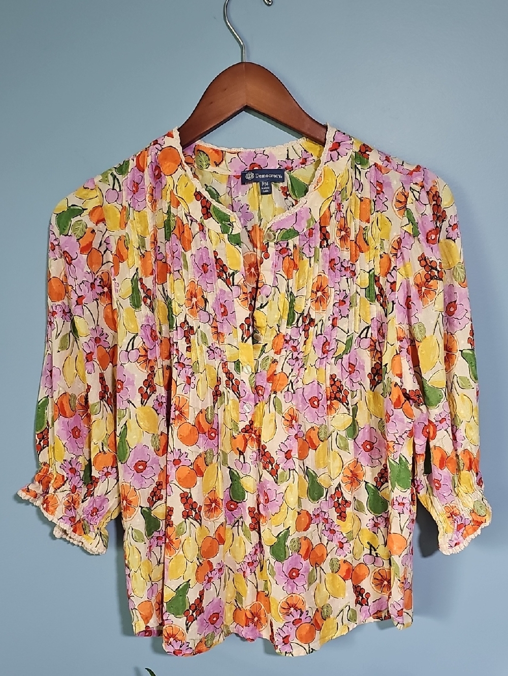 Democracy Medium Petite CitrusFloral Pintuck Blouse Cotton Fruitcore cottagecore